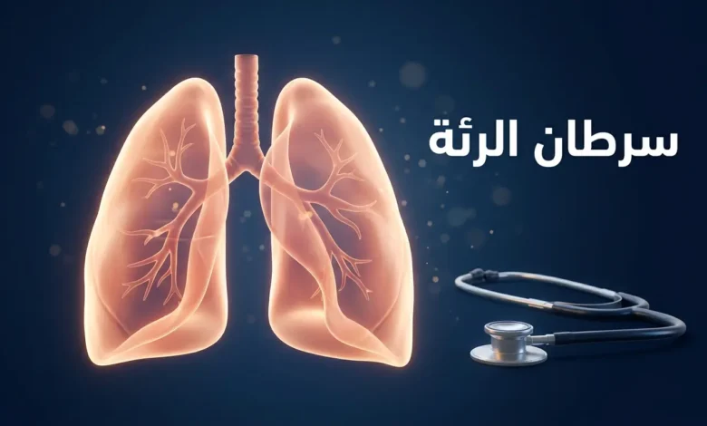 صورة غلاف توضيحية لمقال سرطان الرئة تُظهر رئتين بشريتين ثلاثيتي الأبعاد بجانب سماعة طبية مع عنوان سرطان الرئة
