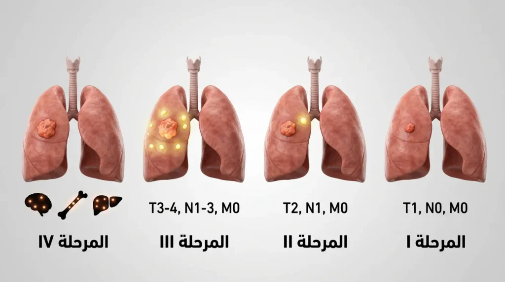 نموذج ثلاثي الأبعاد يُظهر مراحل سرطان الرئة الأربع من المرحلة الأولى الموضعية إلى الرابعة المنتشرة