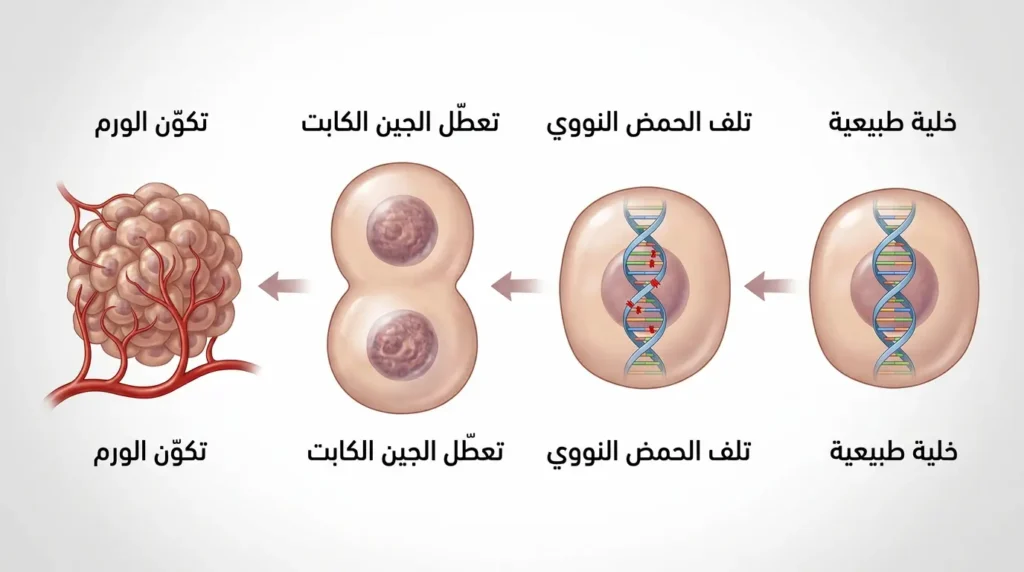 رسم توضيحي طبي واقعي يُظهر مراحل تحوّل الخلية الطبيعية إلى خلية سرطانية داخل الرئة من اليمين إلى اليسار