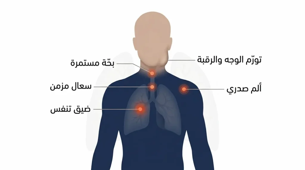 رسم توضيحي طبي يُظهر العلامات التحذيرية لسرطان الرئة على جسم الإنسان بما فيها السعال المزمن وضيق التنفس والبحّة