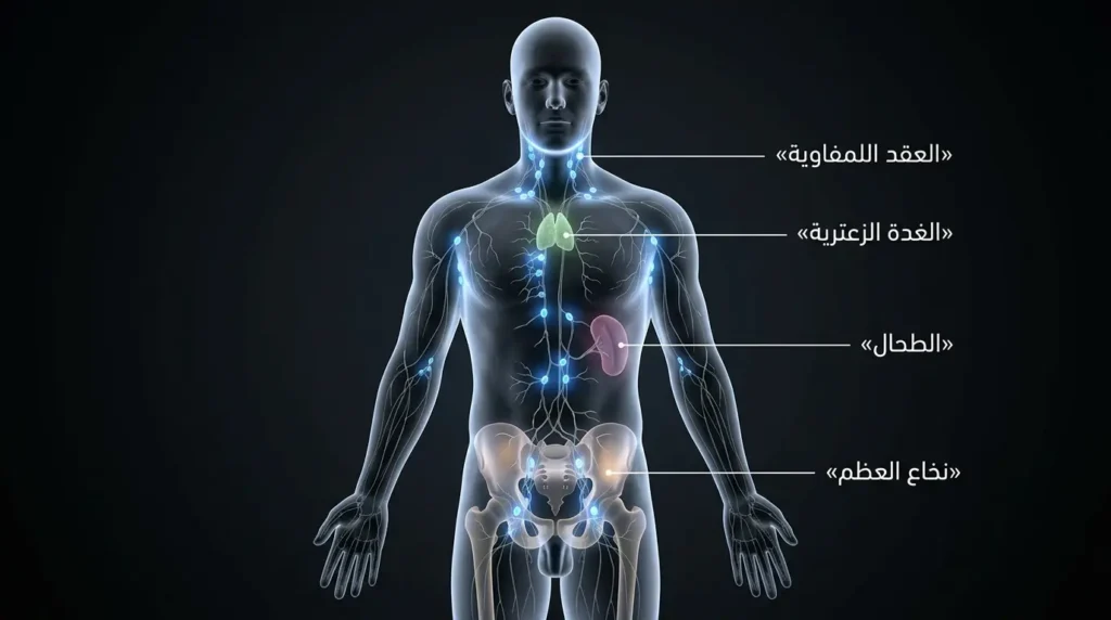رسم توضيحي ثلاثي الأبعاد واقعي يُظهر مكونات الجهاز اللمفاوي في جسم الإنسان مع تسميات عربية