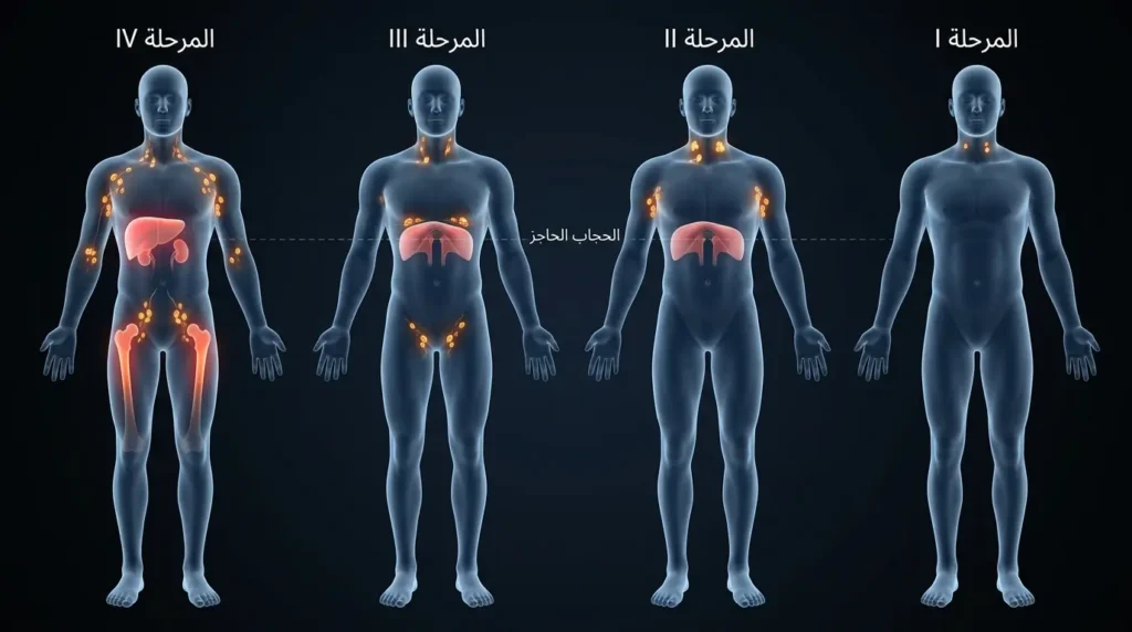 رسم ثلاثي الأبعاد يوضّح المراحل الأربع لسرطان الغدد اللمفاوية وفق نظام آن أربور المعدّل من المرحلة الأولى المحدودة إلى الرابعة المنتشرة