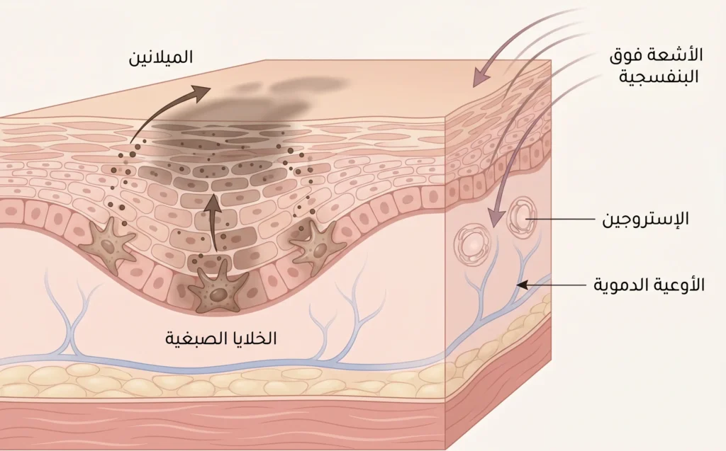 رسم طبي يوضح دور الأشعة فوق البنفسجية والإستروجين والأوعية الدموية في تحفيز الخلايا الصبغية بالكلف.