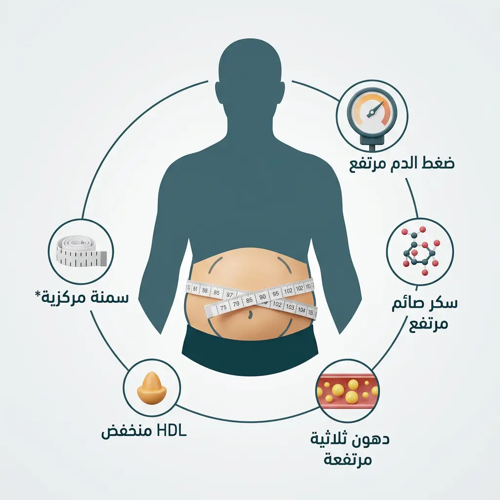 رسم طبي ثلاثي الأبعاد يُوضح المعايير الخمسة لمتلازمة الأيض حول محيط الخصر
