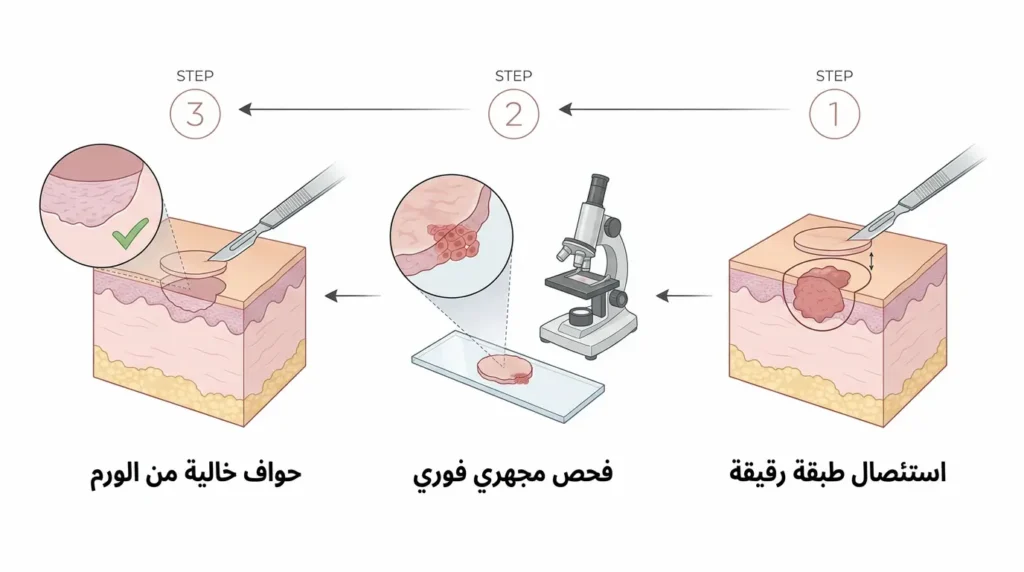 رسم طبي يوضح خطوات جراحة موس لاستئصال سرطان الخلايا الحرشفية تشمل استئصال طبقة رقيقة ثم الفحص المجهري الفوري ثم التأكد من خلو الحواف