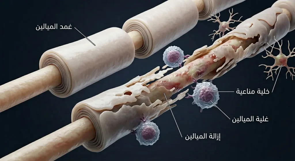 تصوير طبي واقعي يوضح هجوم الخلايا المناعية على غمد الميالين في التصلب المتعدد مع إزالة الميالين وتعطل الإشارة العصبية