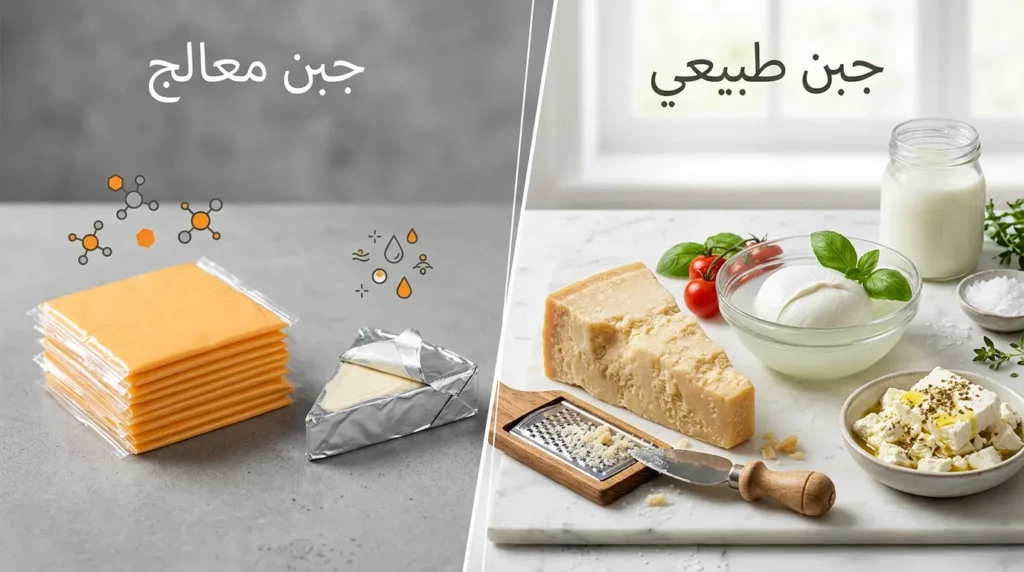 مقارنة بصرية بين الجبن الطبيعي والجبن المعالج توضح الفرق في المكوّنات والشكل