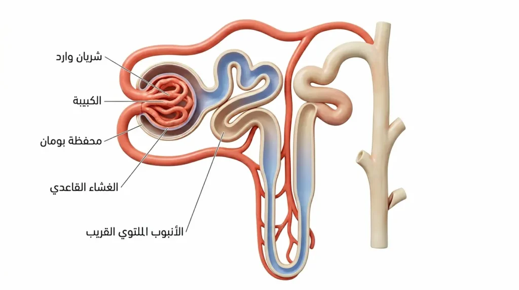 رسم طبي ثلاثي الأبعاد للنيفرون الكلوي يُظهر الكبيبة ومحفظة بومان والأنبوب الملتوي