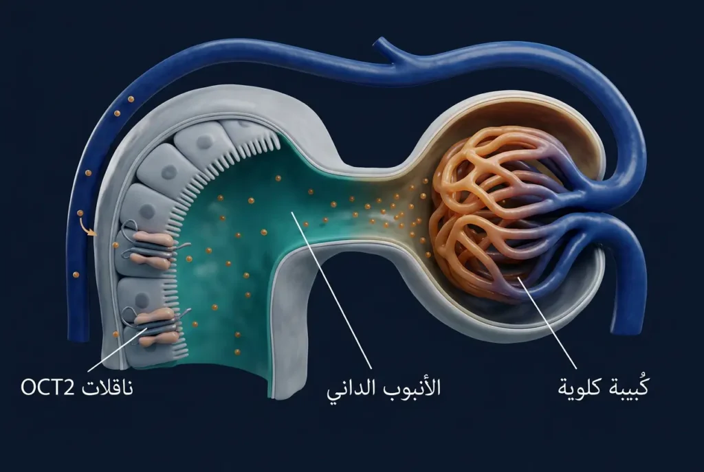 تصوير ثلاثي الأبعاد واقعي لمقطع النيفرون يُظهر آلية ترشيح الكرياتينين عبر الكُبَيبة وإفرازه في الأنبوب الداني عبر ناقلات OCT2