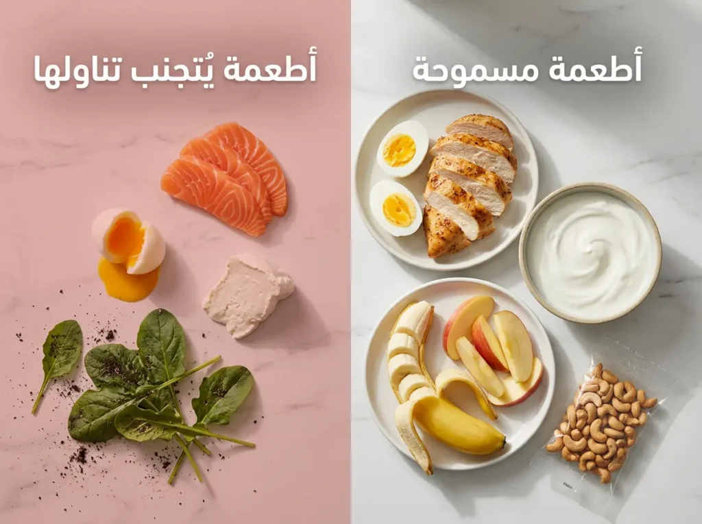 صورة غذائية احترافية تُقارن الأطعمة المسموحة والممنوعة لمرضى نقص المناعة