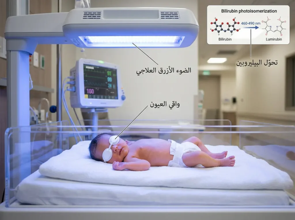 مولود يتلقى العلاج الضوئي المكثف بالضوء الأزرق في وحدة العناية بحديثي الولادة مع حماية عينيه بواقٍ طبي خاص