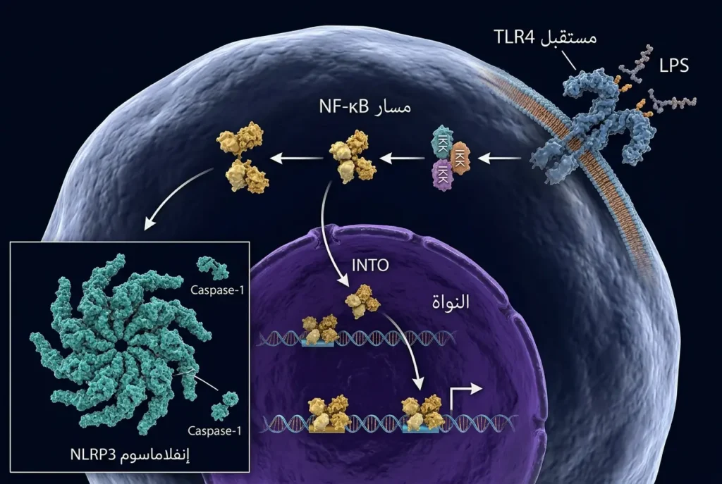 رسم جزيئي ثلاثي الأبعاد يُظهر تنشيط مسار NF-κB الالتهابي عبر مستقبل TLR4 على غشاء البلاعم وانتقاله إلى نواة الخلية إلى جانب مُعقّد الإنفلاماسوم NLRP3