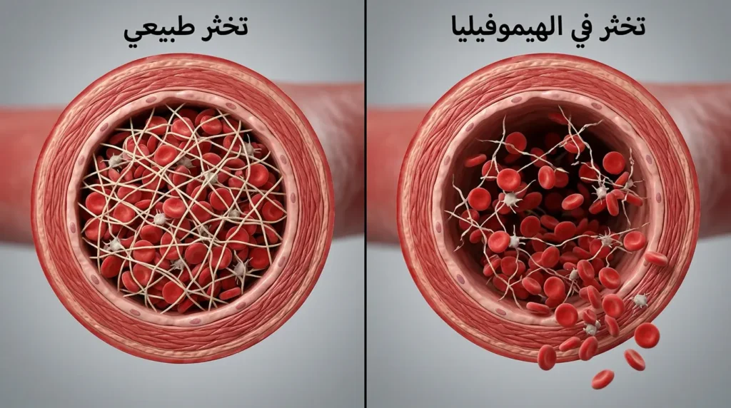 مقارنة ثلاثية الأبعاد بين خثرة دموية طبيعية متماسكة وخثرة ناقصة في مرض الهيموفيليا تُظهر ضعف شبكة الفيبرين