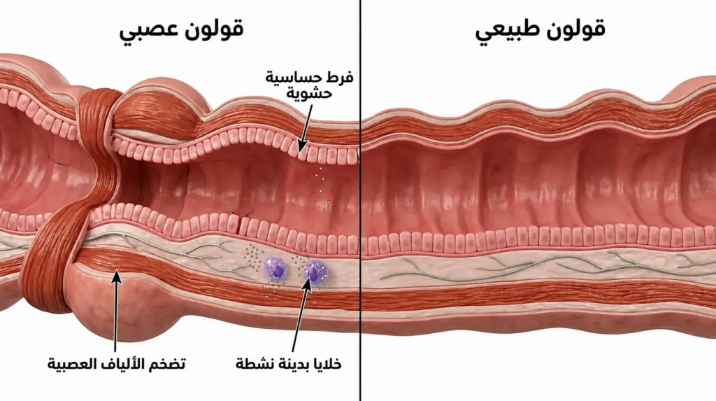 مقارنة ثلاثية الأبعاد واقعية بين مقطع من القولون الطبيعي والقولون العصبي توضح فرط الحساسية الحشوية والخلايا البدينة النشطة واضطراب الحركية