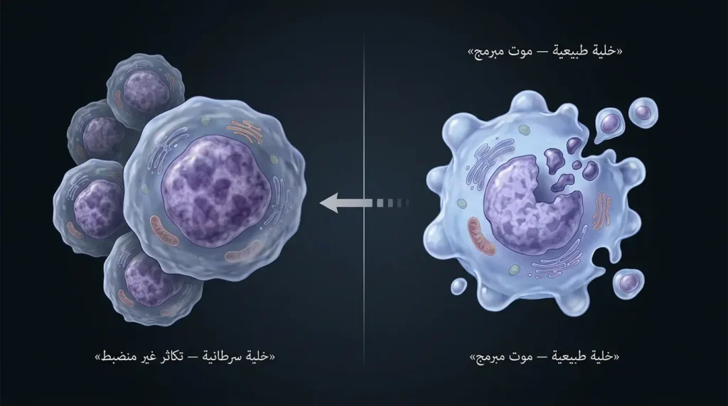 مقارنة بين الخلية اللمفاوية الطبيعية التي تمر بالموت المبرمج والخلية السرطانية التي تتكاثر دون توقف