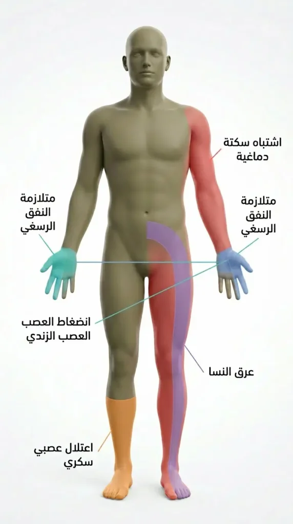خريطة تشخيصية ثلاثية الأبعاد تُظهر توزيع مناطق التنميل على الجسم وعلاقة كل منطقة بالتشخيص المحتمل