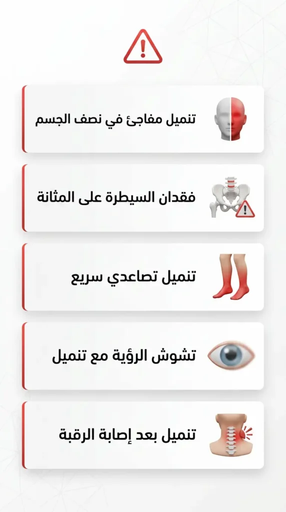 إنفوغرافيك طبي يعرض خمس علامات حمراء تحذيرية لتنميل الأطراف تستدعي التوجه للطوارئ فوراً