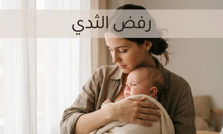 أم تحمل رضيعها بحنان بينما يبتعد قليلاً عن الثدي في مشهد هادئ ودافئ