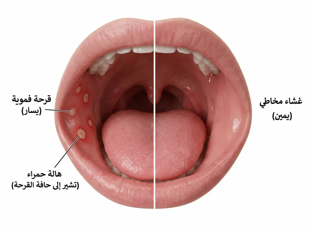 مقارنة بين الغشاء المخاطي الفموي السليم والقرحة الفموية المؤلمة في مرض اليد والقدم والفم