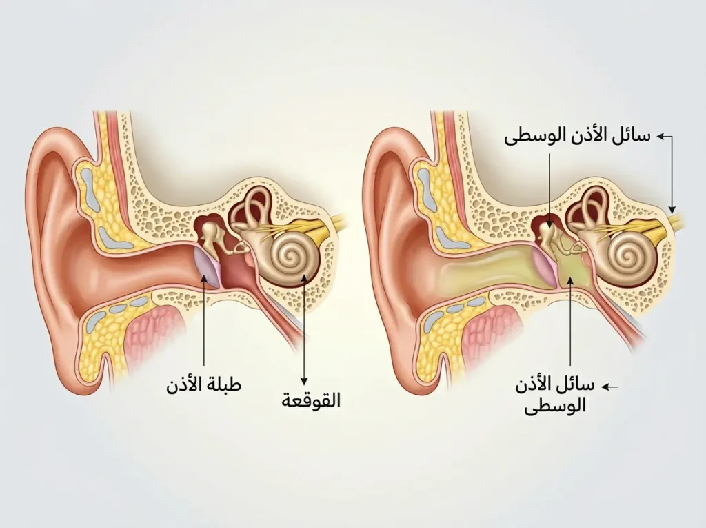مقطع تشريحي للأذن يُظهر الأذن الوسطى السليمة مقارنةً بالأذن المحتوية على سائل خلف الطبلة — أحد أشيع أسباب تأخر الكلام عند الأطفال