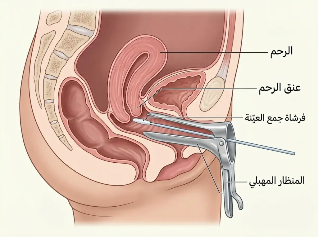رسم تشريحي مقطعي يُوضّح إجراء مسحة عنق الرحم باستخدام فرشاة جمع العيّنة والمنظار المهبلي