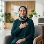 امرأة عربية في منتصف العمر تضع يدها على قلبها في عيادة طبية حديثة — صورة تعبيرية عن صحة قلب المرأة في فترة ما قبل انقطاع الطمث