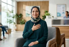 امرأة عربية في منتصف العمر تضع يدها على قلبها في عيادة طبية حديثة — صورة تعبيرية عن صحة قلب المرأة في فترة ما قبل انقطاع الطمث