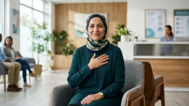 امرأة عربية في منتصف العمر تضع يدها على قلبها في عيادة طبية حديثة — صورة تعبيرية عن صحة قلب المرأة في فترة ما قبل انقطاع الطمث