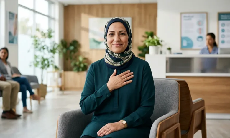 امرأة عربية في منتصف العمر تضع يدها على قلبها في عيادة طبية حديثة — صورة تعبيرية عن صحة قلب المرأة في فترة ما قبل انقطاع الطمث