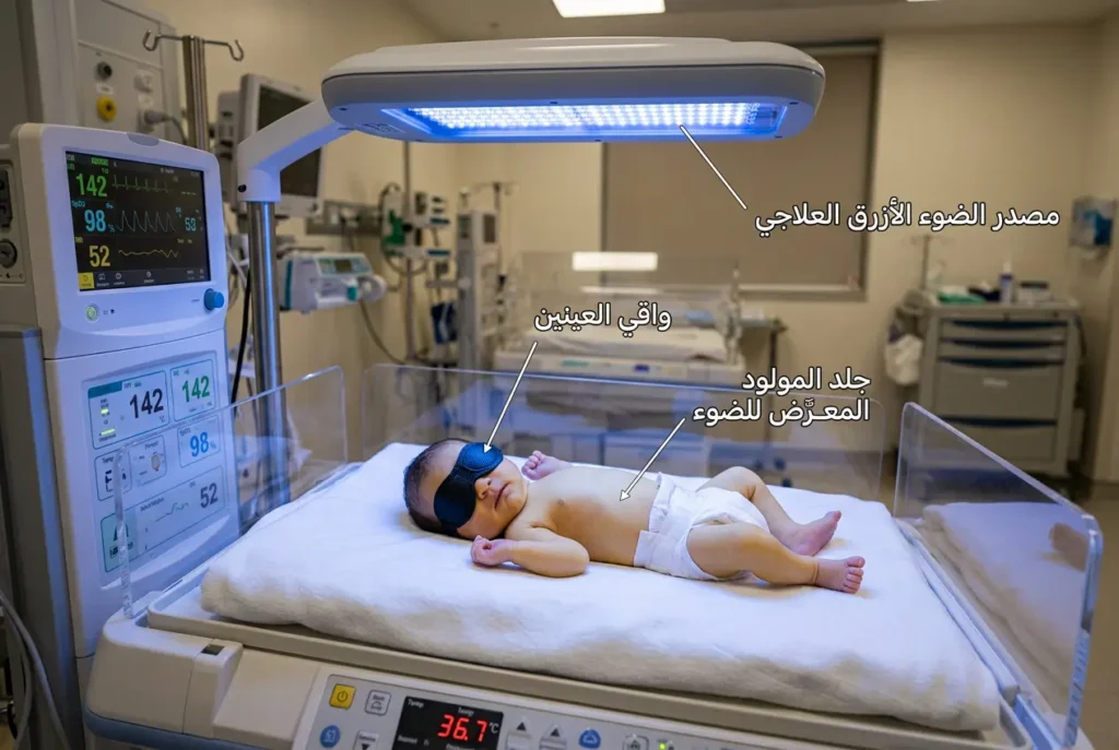 صورة واقعية لمولود يتلقى العلاج الضوئي في حضانة حديثي الولادة تحت الضوء الأزرق مع واقي للعينين لعلاج اليرقان الوليدي