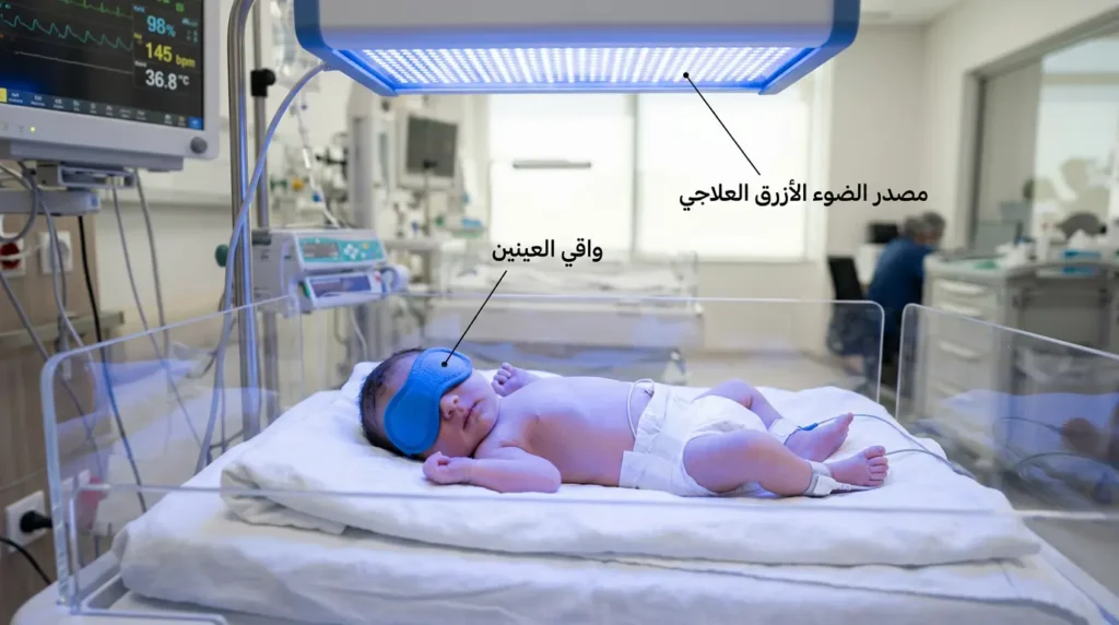 رضيع يخضع للعلاج الضوئي تحت مصباح أزرق طبي في وحدة حديثي الولادة مع واقٍ على عينيه