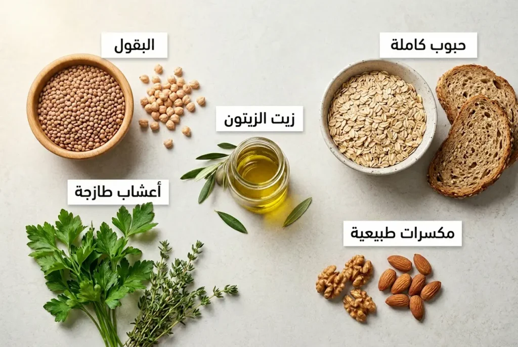 مجموعة أطعمة نباتية صحية تشمل البقول وزيت الزيتون والحبوب الكاملة والمكسرات لتحسين العمر البيولوجي
