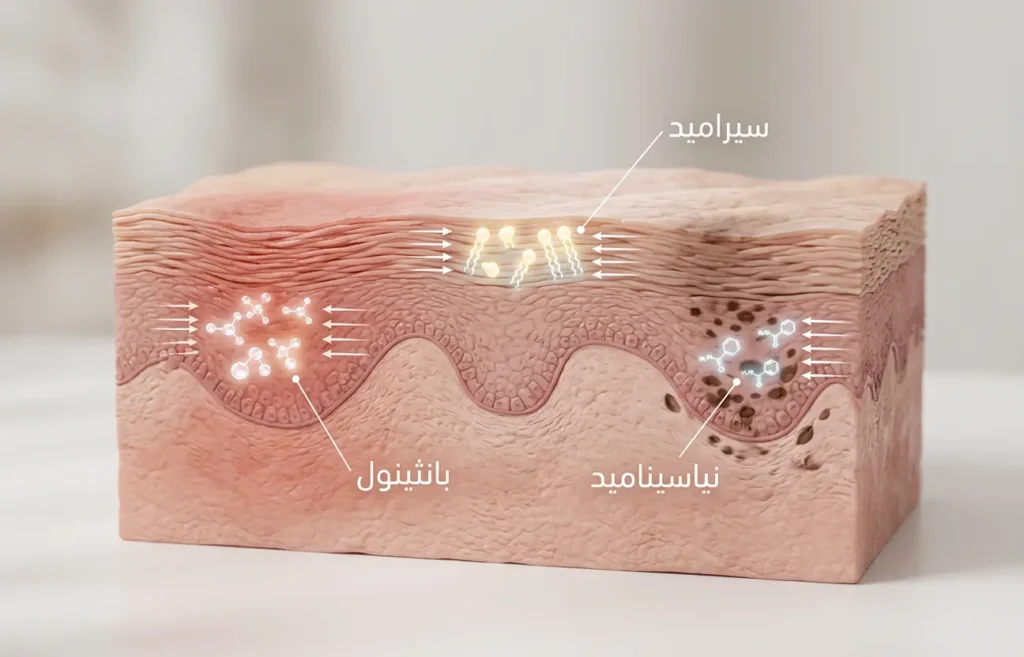 رسم ثلاثي الأبعاد يوضح دور البانثينول والنياسيناميد والسيراميد في تهدئة البشرة وتقوية الحاجز وتقليل التصبغ.