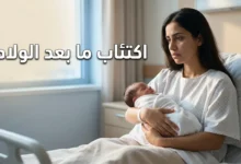 أم عربية شابة تحمل مولودها الجديد بتعبير حزين وبعيد في غرفة مستشفى هادئة — صورة تعبّر عن اكتئاب ما بعد الولادة