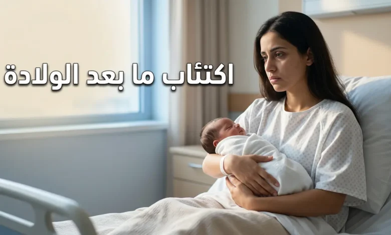 أم عربية شابة تحمل مولودها الجديد بتعبير حزين وبعيد في غرفة مستشفى هادئة — صورة تعبّر عن اكتئاب ما بعد الولادة