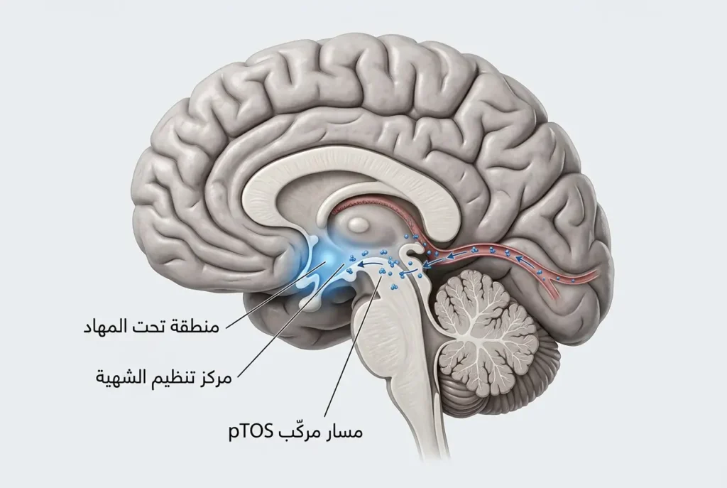 رسم طبي يوضّح كيف يستهدف مركّب pTOS منطقة تحت المهاد في الدماغ لكبح الشهية