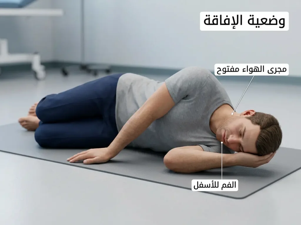 وضعية الإفاقة لشخص فاقد الوعي لكنه يتنفس بشكل طبيعي في رسم طبي ثلاثي الأبعاد.