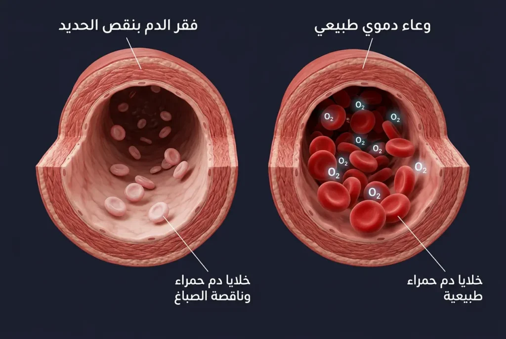 رسم طبي ثلاثي الأبعاد يقارن بين وعاء دموي طبيعي مليء بكريات حمراء سليمة ووعاء يعاني من فقر الدم بكريات شاحبة وقليلة