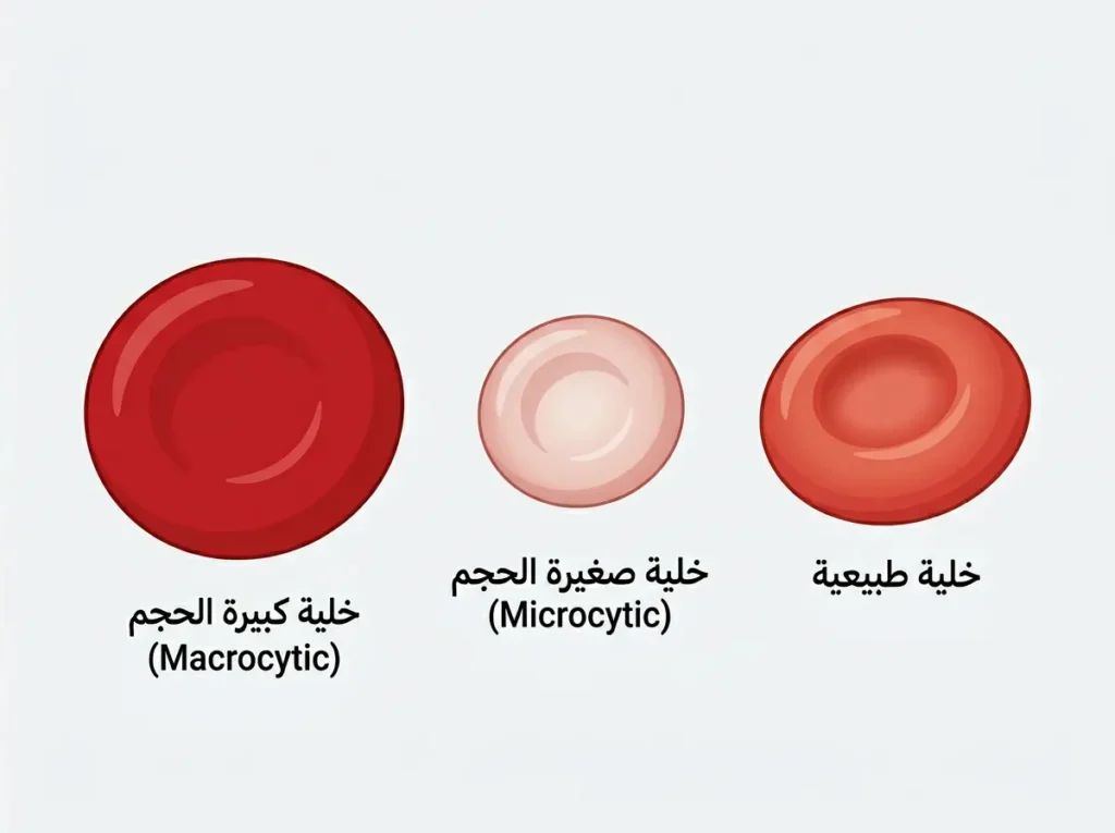 مقارنة بين خلية الدم الحمراء الطبيعية وخلية صغيرة الحجم وخلية كبيرة الحجم