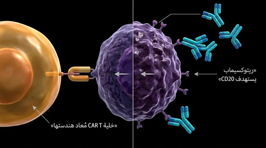 رسم ثلاثي الأبعاد يوضّح آلية عمل ريتوكسيماب في استهداف بروتين CD20 وعلاج CAR T-Cell المُعاد هندسته لمهاجمة الخلايا السرطانية