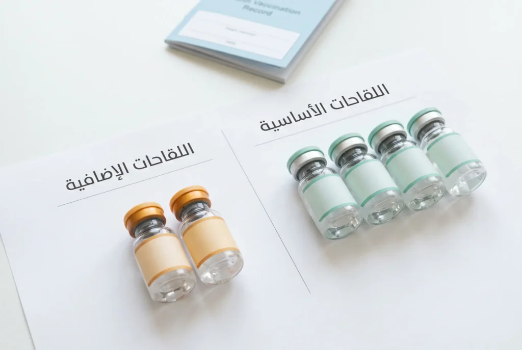 مجموعتان من قوارير اللقاحات تُمثّلان اللقاحات الأساسية الإلزامية واللقاحات الإضافية الاختيارية جنباً إلى جنب