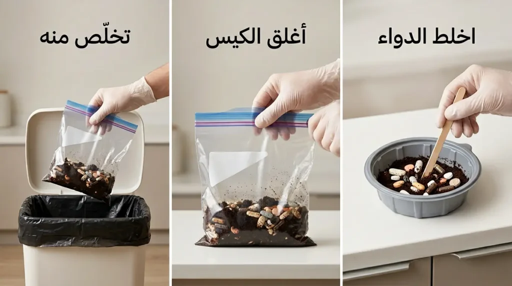 خطوات التخلص الآمن من الأدوية المنتهية عبر خلطها بمادة غير مستساغة ثم إغلاقها بإحكام قبل رميها.
