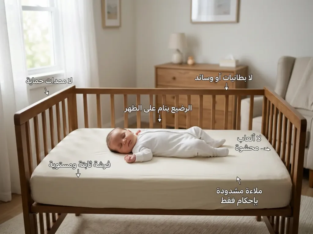 رضيع ينام على ظهره في سرير آمن بمرتبة مسطحة دون وسائد أو ألعاب