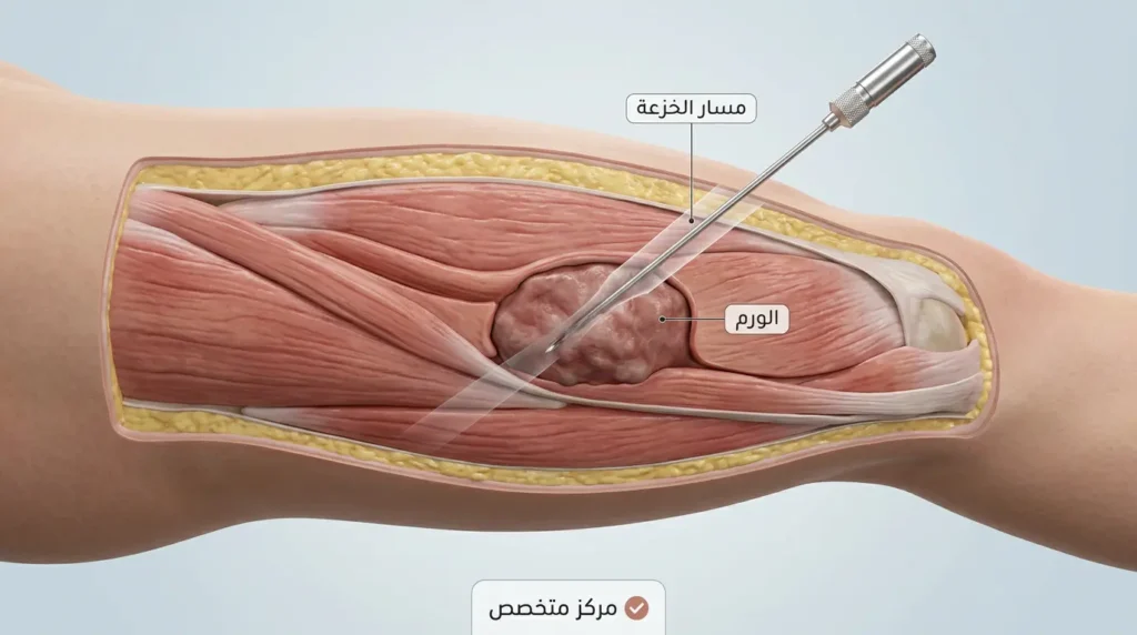 رسم ثلاثي الأبعاد يوضح إجراء خزعة إبرية لورم ساركوما في الفخذ مع إبراز أهمية مسار الإبرة الصحيح.