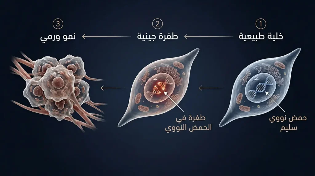 رسم ثلاثي الأبعاد يوضح مراحل نشوء ورم الساركوما من خلية طبيعية إلى طفرة جينية ثم نمو ورمي.