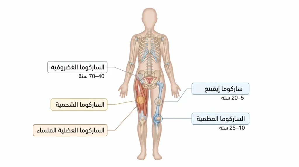 رسم توضيحي طبي يُظهر أشهر أنواع الساركوما ومواقعها التشريحية على جسم الإنسان.