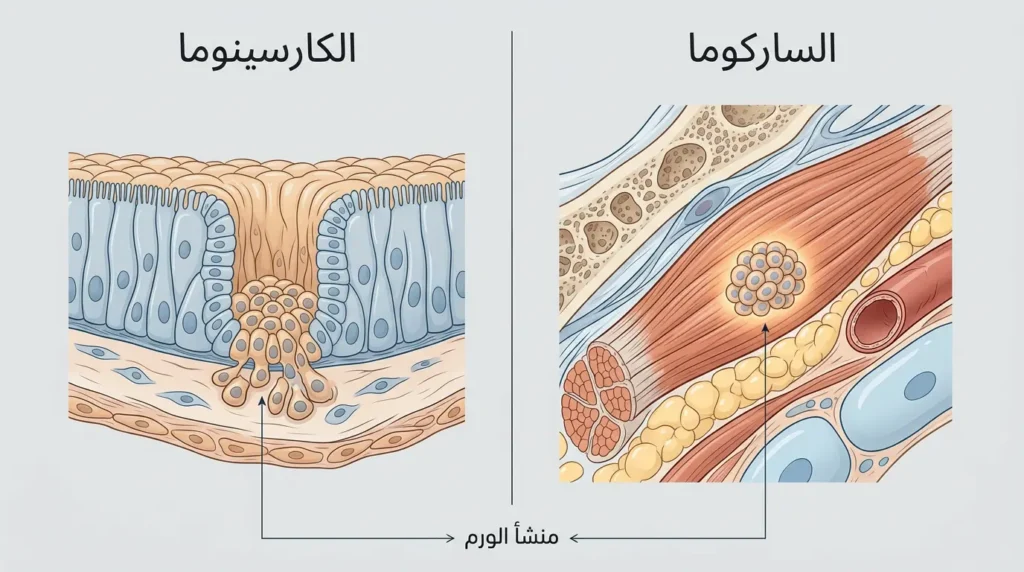 رسم توضيحي طبي يُقارن بين منشأ الساركوما في الأنسجة الضامة ومنشأ الكارسينوما في الأنسجة الظهارية.