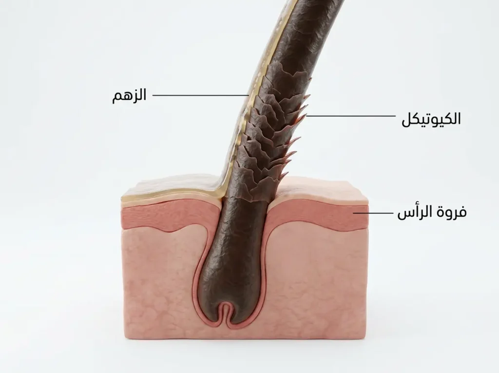 رسم طبي ثلاثي الأبعاد يوضح طبقة الزهم على الشعرة وكيف يزيلها الشامبو مع إظهار الكيوتيكل وفروة الرأس.