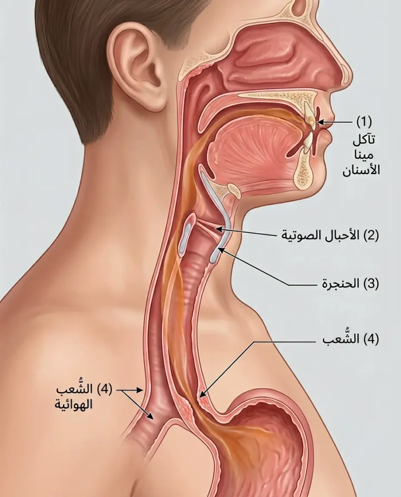 مقطع تشريحي جانبي يوضح مسار الارتجاع الصامت من المعدة إلى الحنجرة والأحبال الصوتية والشُّعب الهوائية والأسنان