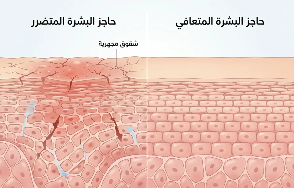 مقارنة بين حاجز بشرة متضرر بعد حروق الشمس وحاجز متعافٍ أكثر تماسكاً.